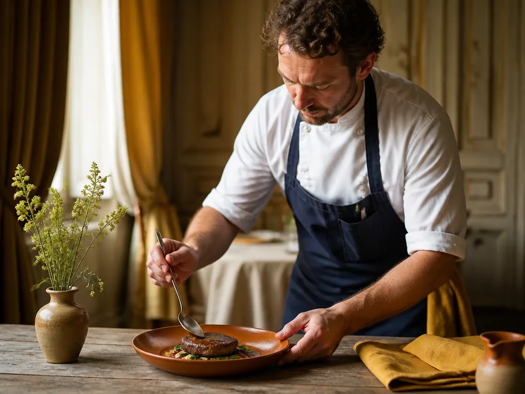 Assiette de cuisine française ornée d'une quenelle de crème chantilly sur une table