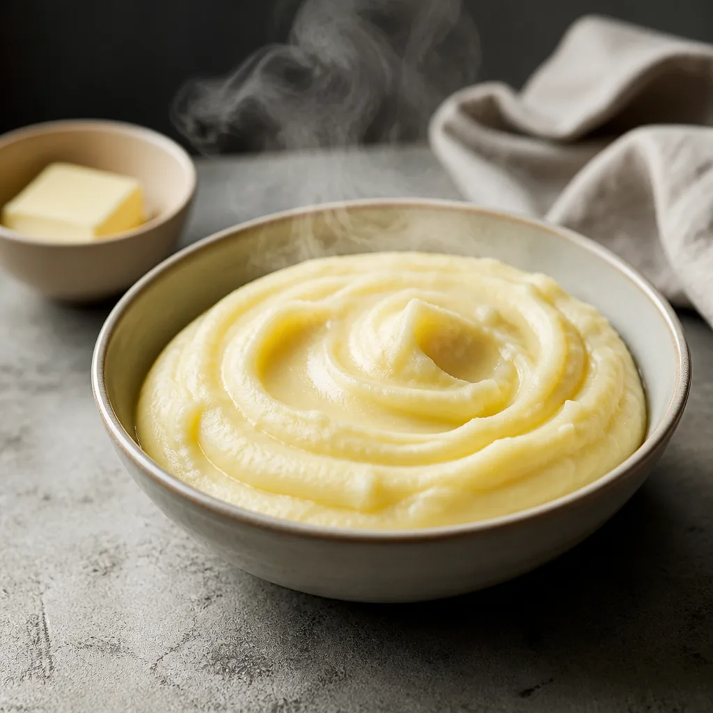 Un bol de purée mousseline onctueuse, accompagné d'une motte de beurre