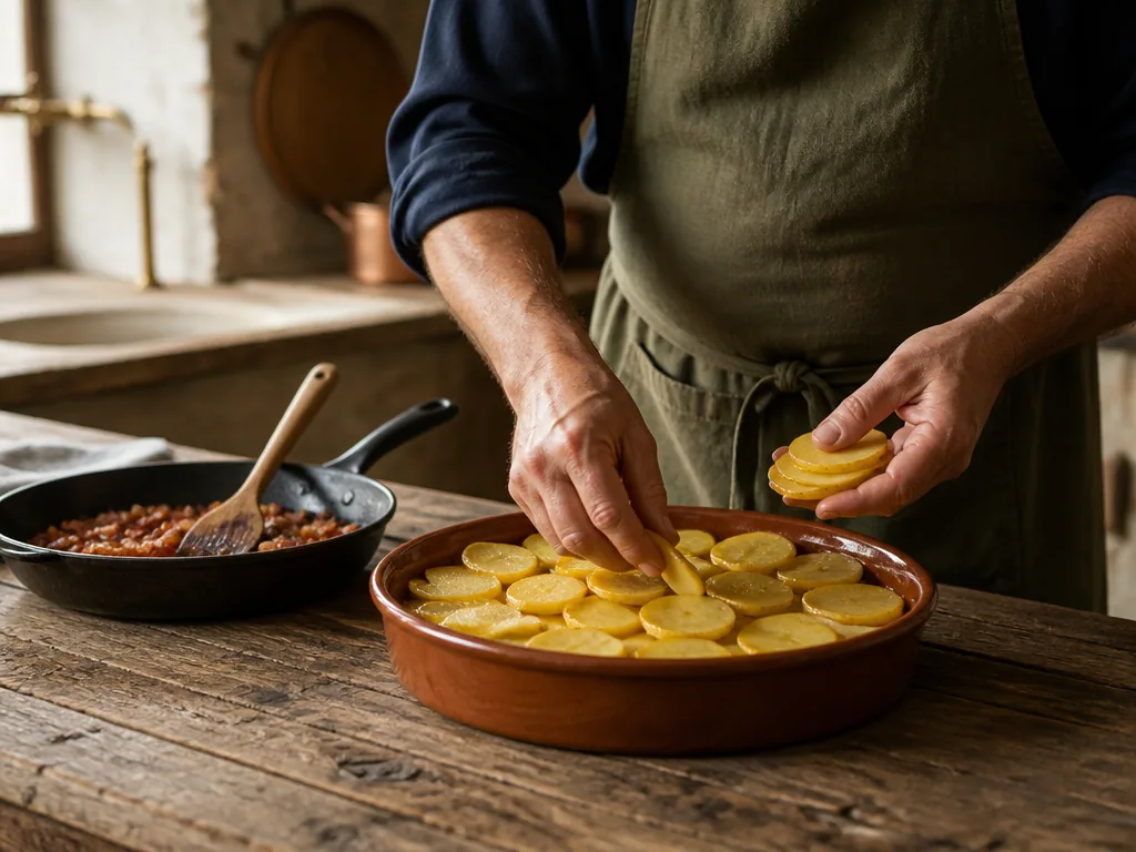 Tartiflette gratinée au reblochon, pommes de terre fondantes, une cuillère soulève une part fumante